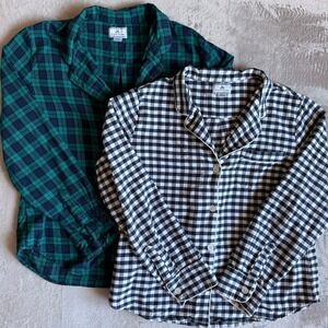 Petite Plume Womens L Pajama Shirts 2 Cotton Flannel Plaid Gingham Green Black